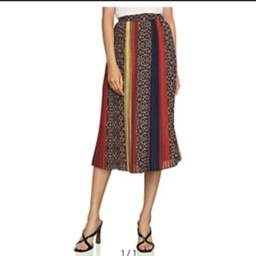 BCBG Maxariza Womens Skirt Sz Medium Pleated Chiffon Artsy Yellow Orange Navy